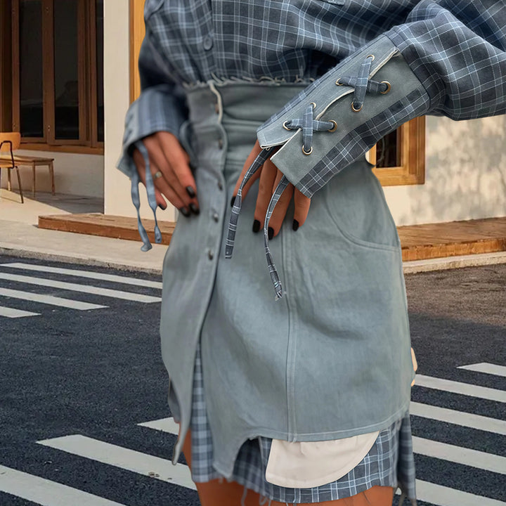 Damer Rutig Skjortblus med Jeanskjol och artisanisk skärning Eva Jonsson-Eva Jonsson