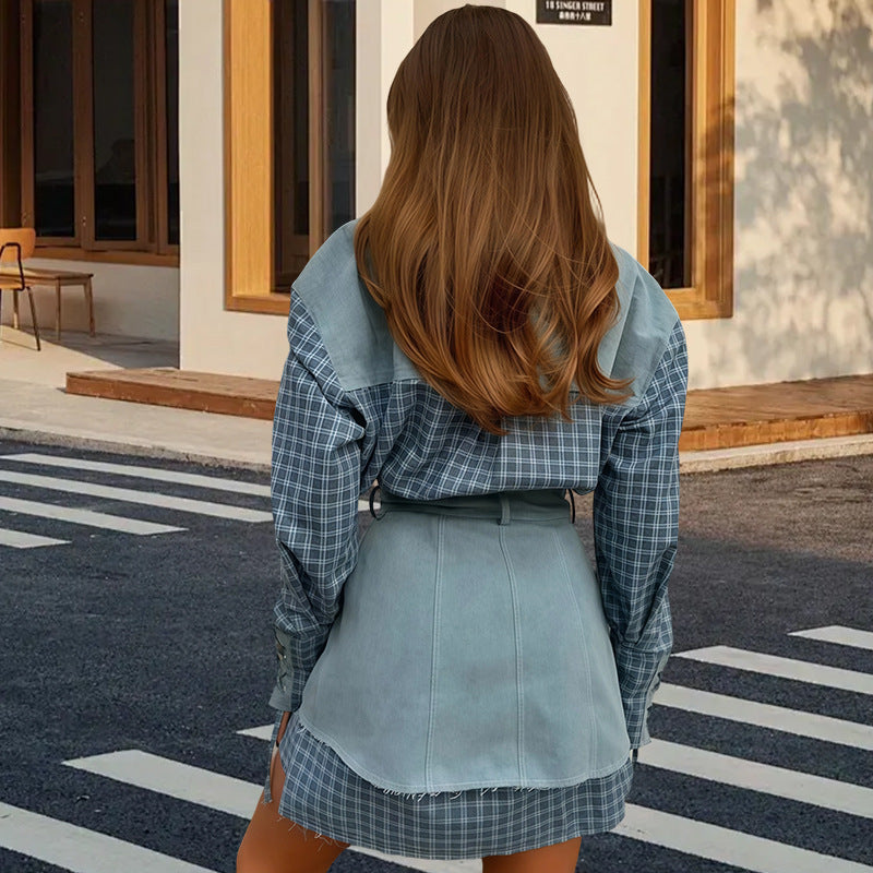 Damer Rutig Skjortblus med Jeanskjol och artisanisk skärning Eva Jonsson-Eva Jonsson