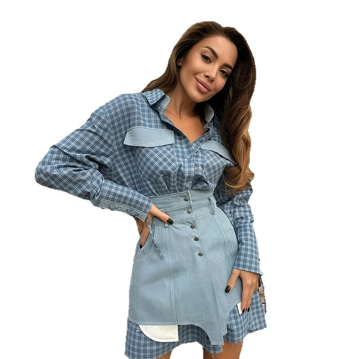 Damer Rutig Skjortblus med Jeanskjol och artisanisk skärning Eva Jonsson-Eva Jonsson