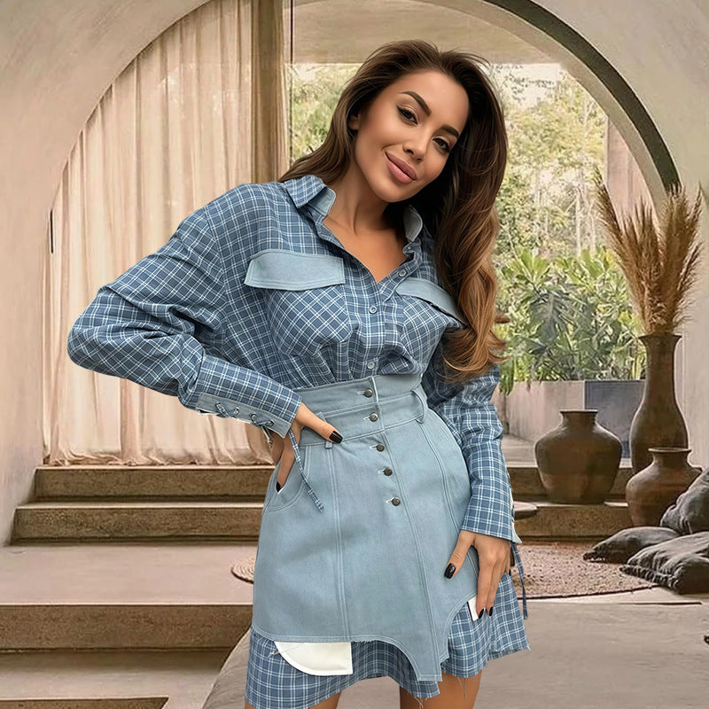 Damer Rutig Skjortblus med Jeanskjol och artisanisk skärning Eva Jonsson-Eva Jonsson