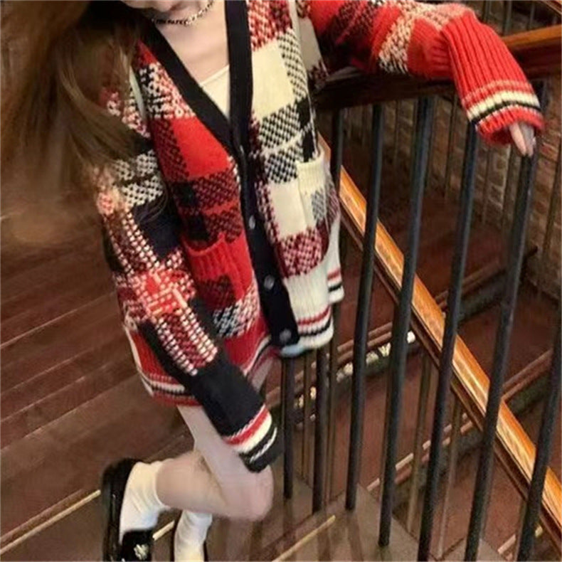 Damer Rutig Stickad Cardigan Mirla-Eva Jonsson