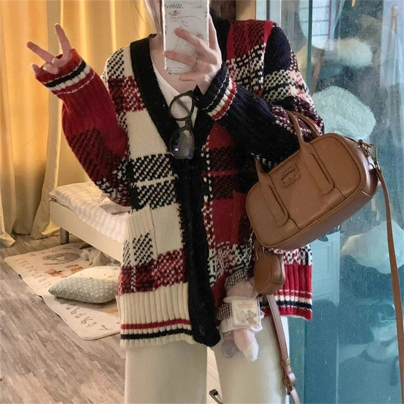 Damer Rutig Stickad Cardigan Mirla-Eva Jonsson