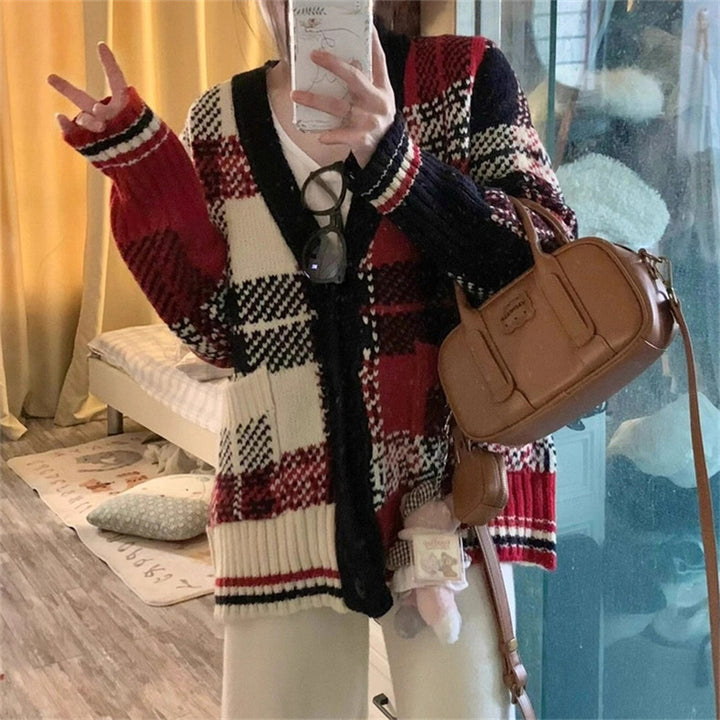 Damer Rutig Stickad Cardigan Mirla-Eva Jonsson