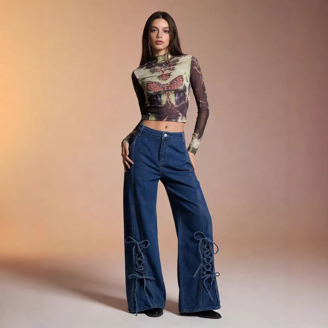 Damer Schlagjeans med trendig snördetalj och vid ben Mirla-Eva Jonsson