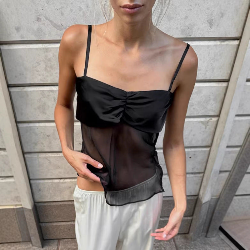 Damer Sexy Spets Top med genomsiktig tyg och förfinad veckdesign Mirla-Eva Jonsson