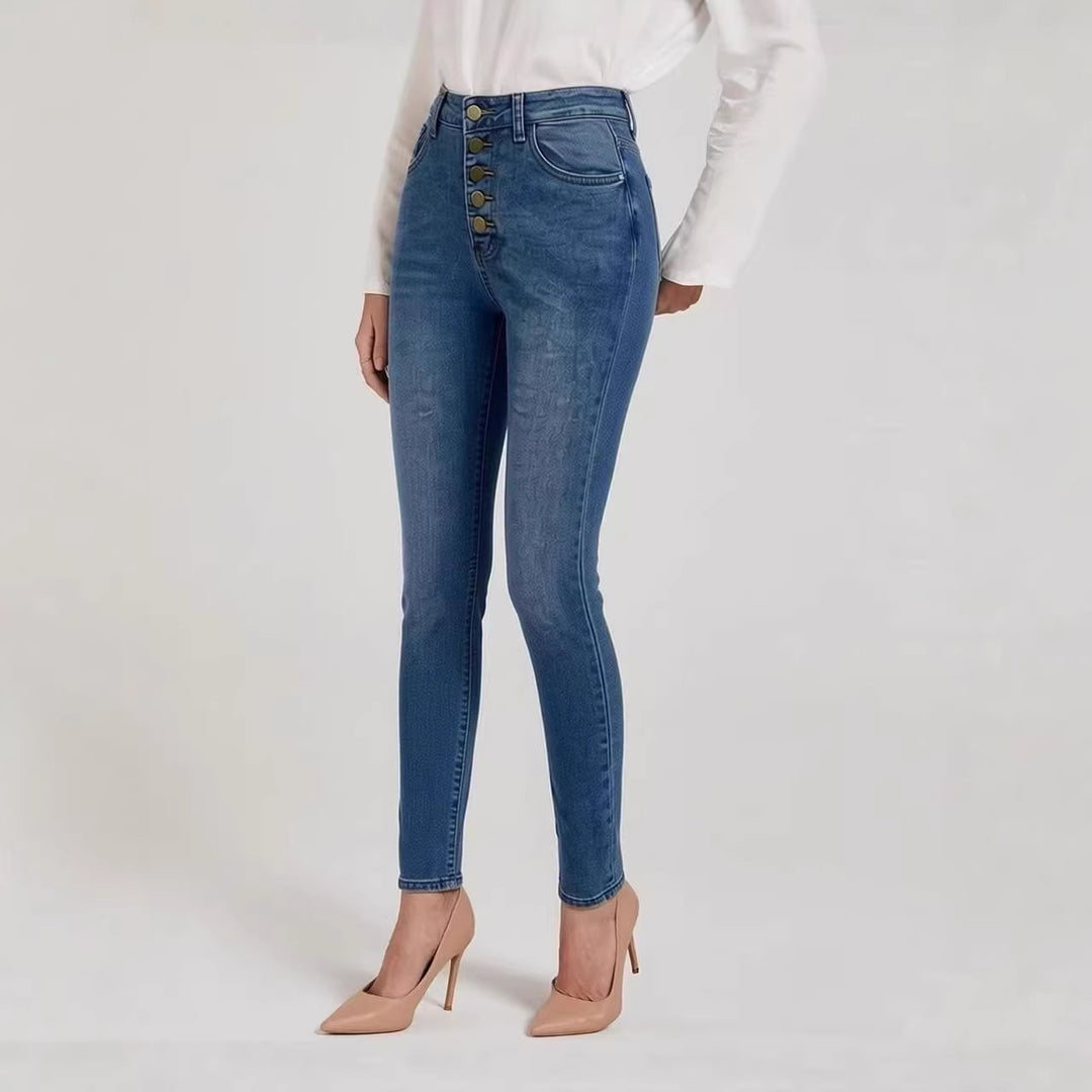 Damer Slim-Fit Jeans med elegant knappslå och hög midja Mirla-Eva Jonsson