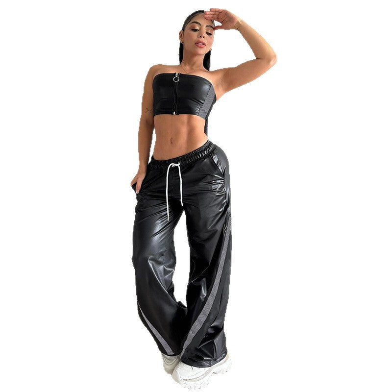 Damer Sportiga Wide-Leg Byxor med elastisk midja och trendiga ränder Mirla-Eva Jonsson