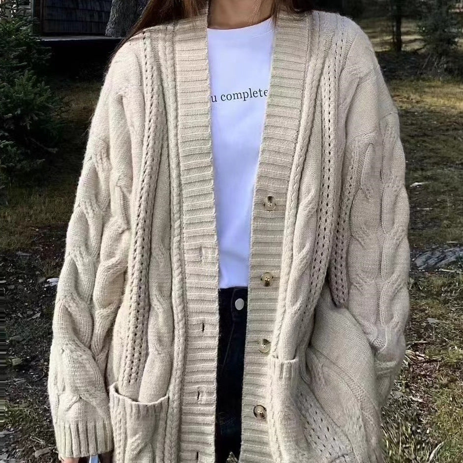 Damer Stickad Cardigan med Djup V-Hals och Strukturerat Flätmönster Eva Jonsson-Eva Jonsson