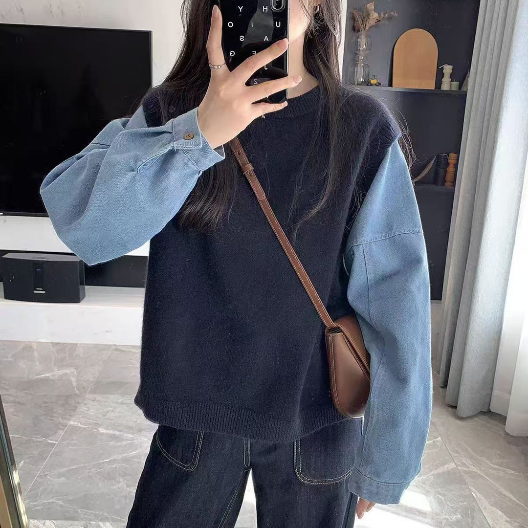 Damer Stickad Tröja med Denim Ärmar Mirla-Eva Jonsson