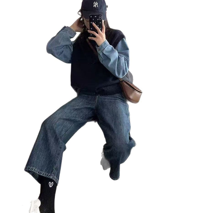 Damer Stickad Tröja med Denim Ärmar Mirla-Eva Jonsson