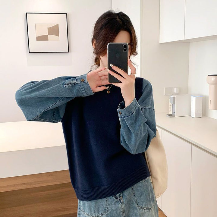 Damer Stickad Tröja med Denim Ärmar Mirla-Eva Jonsson