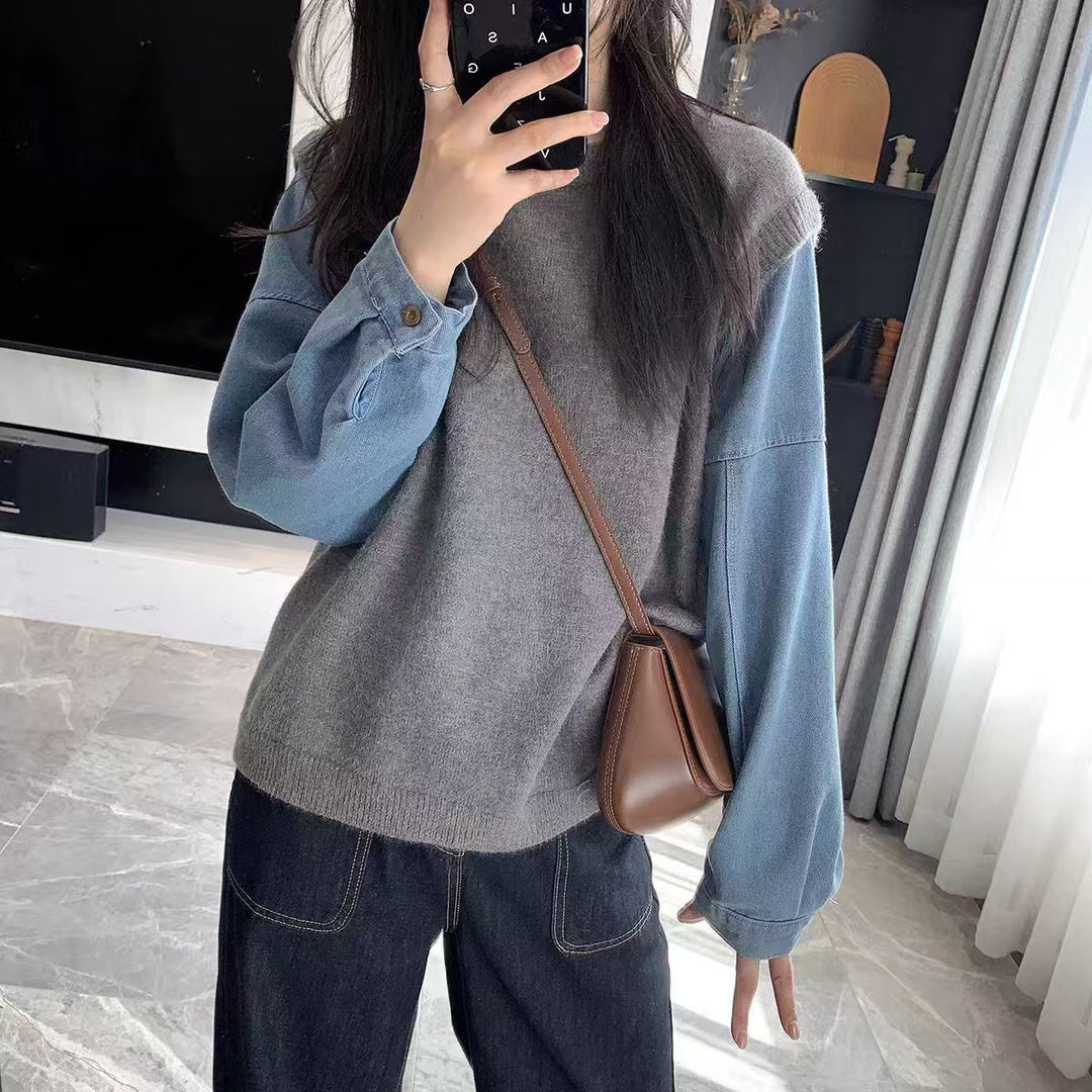 Damer Stickad Tröja med Denim Ärmar Mirla-Eva Jonsson