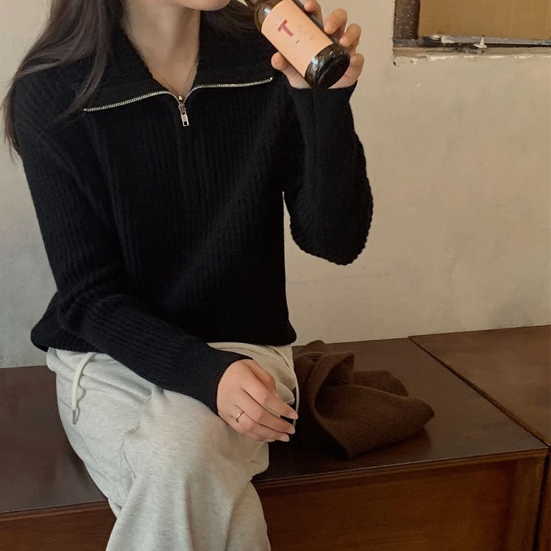 Damer Stickad Tröja med Halvdragkedja och Strukturerad Design Eva Jonsson-Eva Jonsson