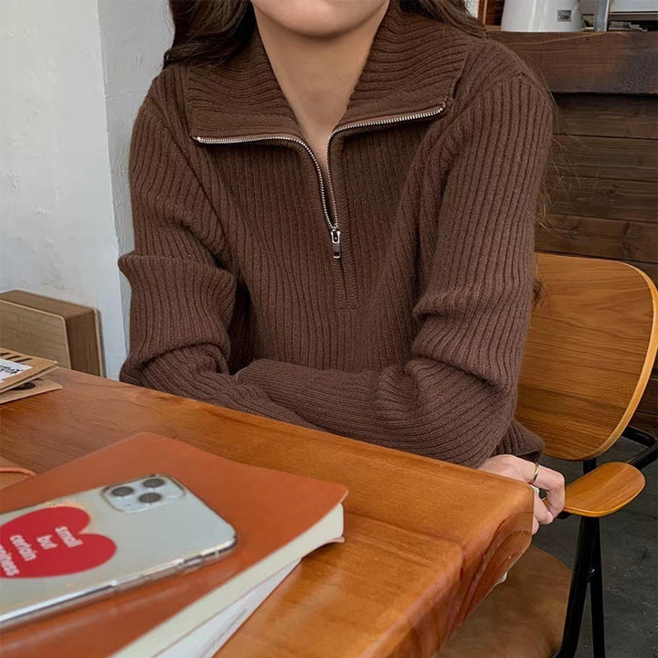 Damer Stickad Tröja med Halvdragkedja och Strukturerad Design Eva Jonsson-Eva Jonsson