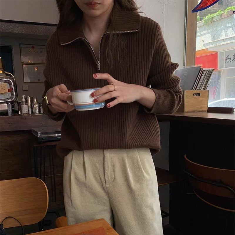 Damer Stickad Tröja med Halvdragkedja och Strukturerad Design Eva Jonsson-Eva Jonsson