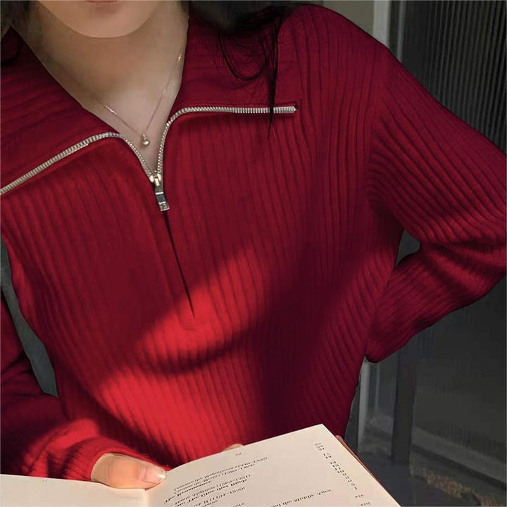 Damer Stickad Tröja med Halvdragkedja och Strukturerad Design Mirla-Eva Jonsson