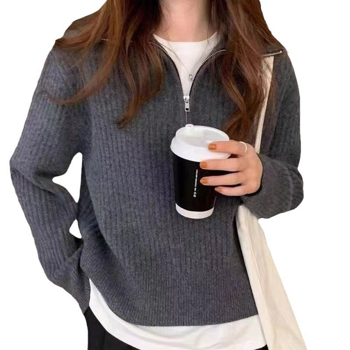 Damer Stickad Tröja med Halvdragkedja och Strukturerad Design Mirla-Eva Jonsson