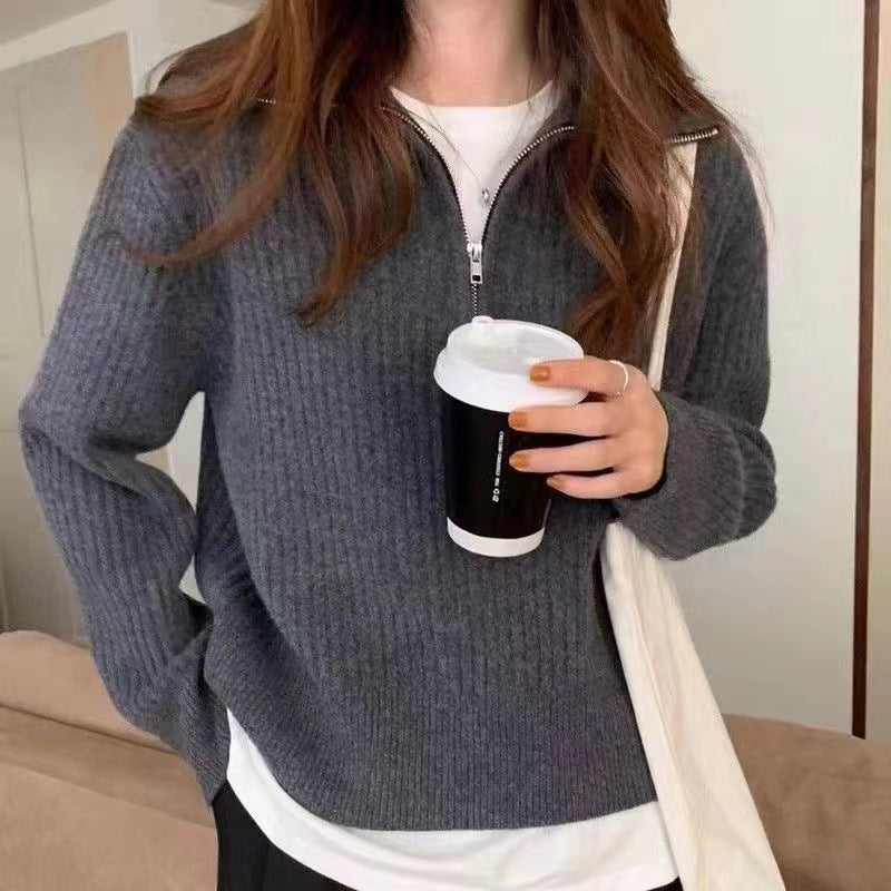Damer Stickad Tröja med Halvdragkedja och Strukturerad Design Mirla-Eva Jonsson