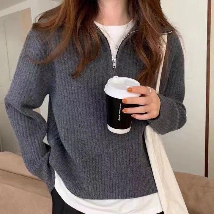 Damer Stickad Tröja med Halvdragkedja och Strukturerad Design Mirla-Eva Jonsson