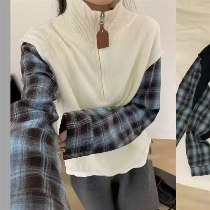 Damer Stickad Väst med Hög Krage och Dragkedja Mirla-Eva Jonsson