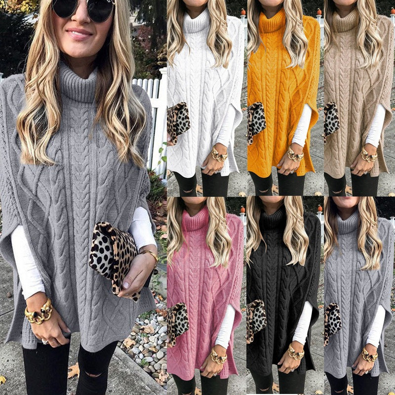 Damer Stickponcho med Hög Krage och Dekorativt Flätmönster Mirla-Eva Jonsson