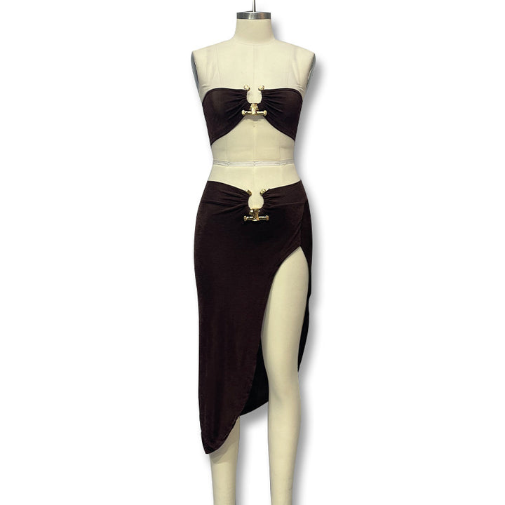 Damer Stilig Bandeau-top och Maxi-kjol Set med hög slits och eleganta detaljer Mirla-Eva Jonsson