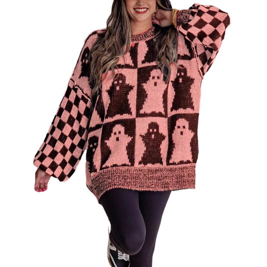 Damer Stor, mysig stickad tröja med spöksdesign Mirla-Eva Jonsson