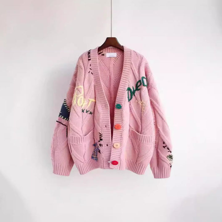 Damer Stor stickad cardigan med färgglada broderier Mirla-Eva Jonsson