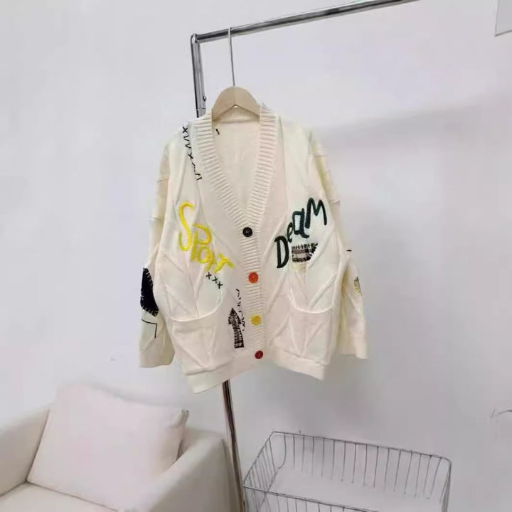 Damer Stor stickad cardigan med färgglada broderier Mirla-Eva Jonsson