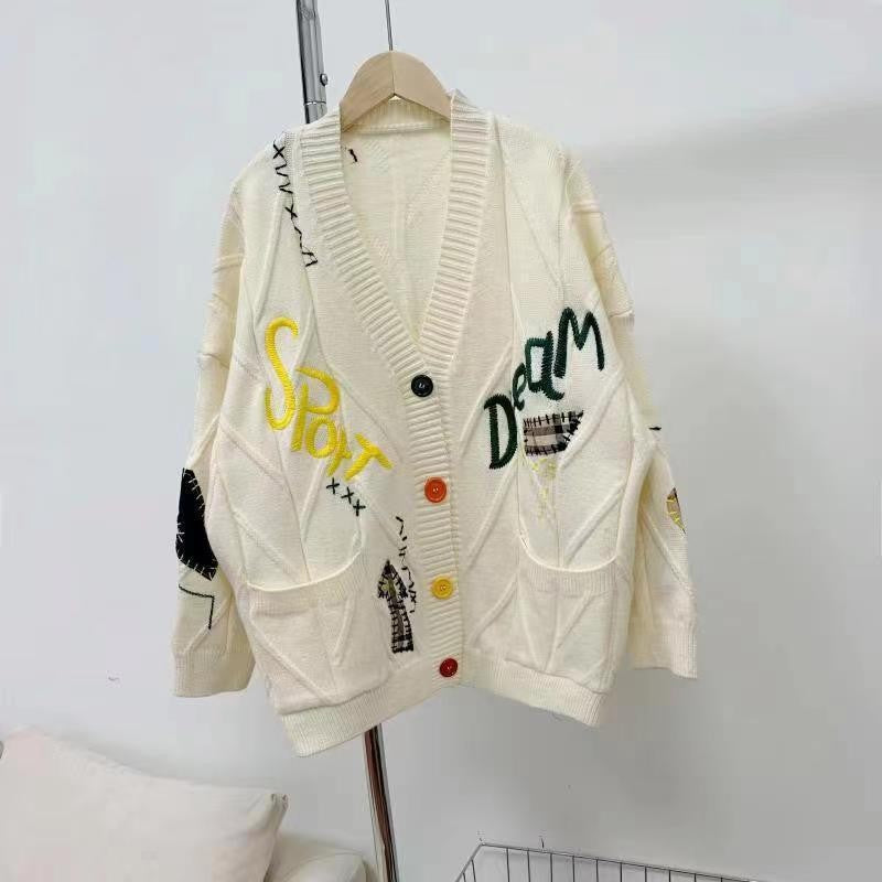 Damer Stor stickad cardigan med färgglada broderier Mirla-Eva Jonsson