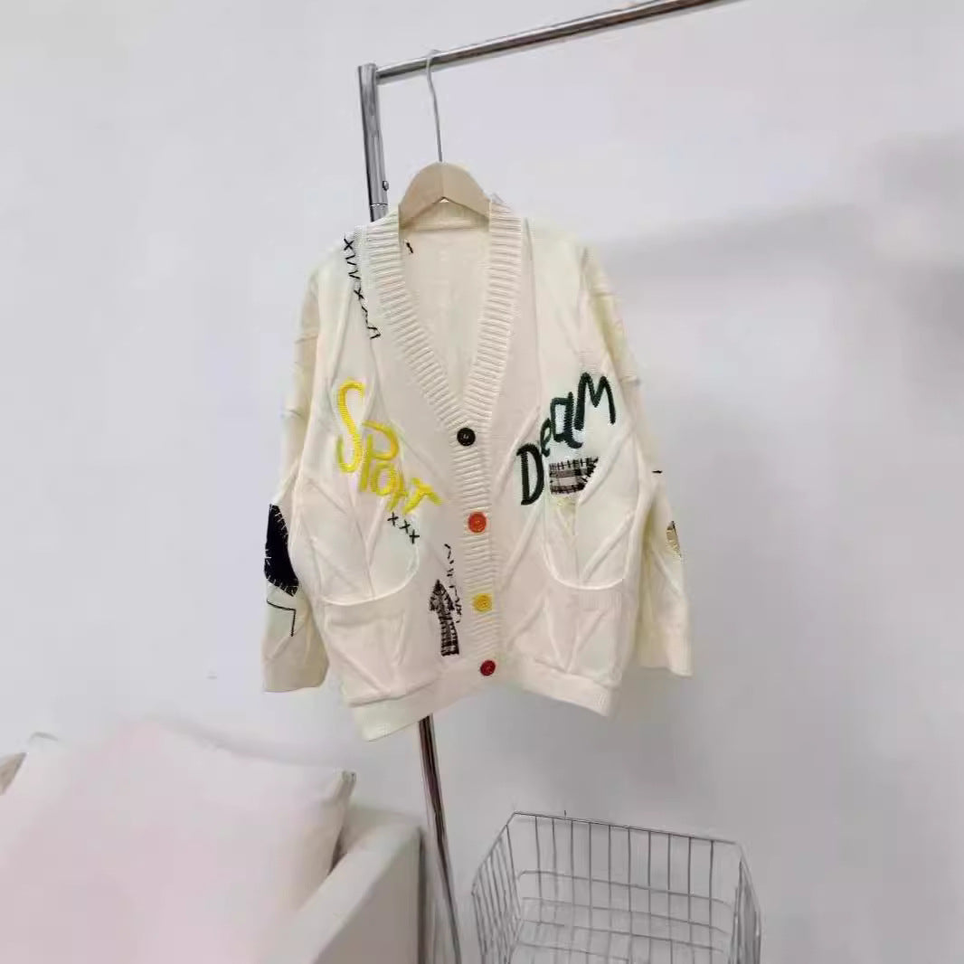 Damer Stor stickad cardigan med färgglada broderier Mirla-Eva Jonsson