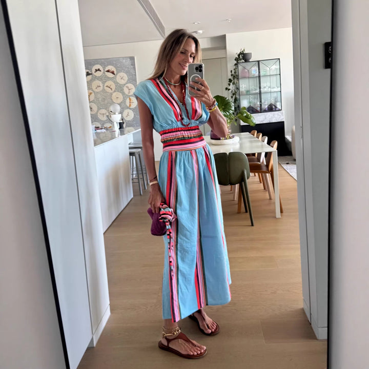 Damer Strand Maxi Klänning med Elastisk Midja och Färgglad Randig Mönster-Eva Jonsson