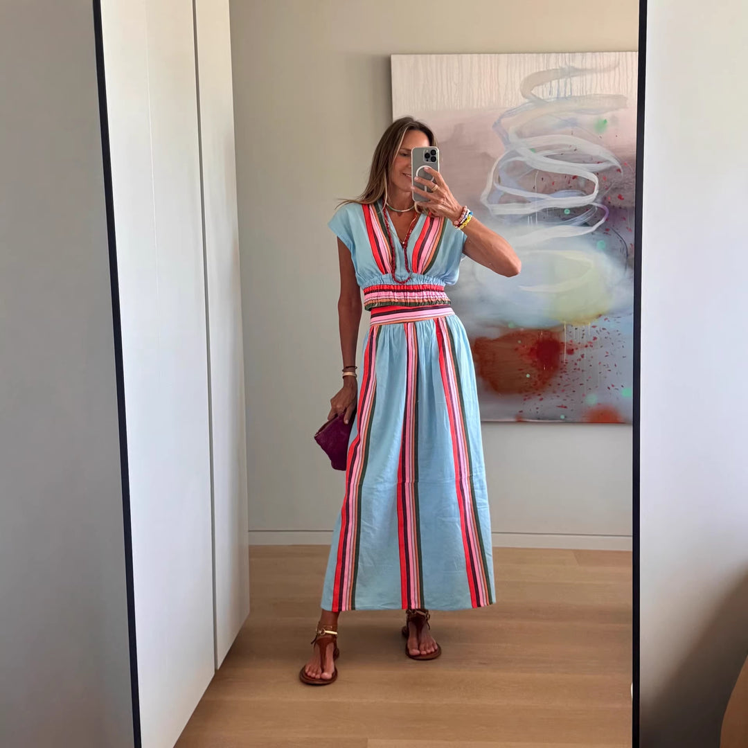 Damer Strand Maxi Klänning med Elastisk Midja och Färgglad Randig Mönster-Eva Jonsson