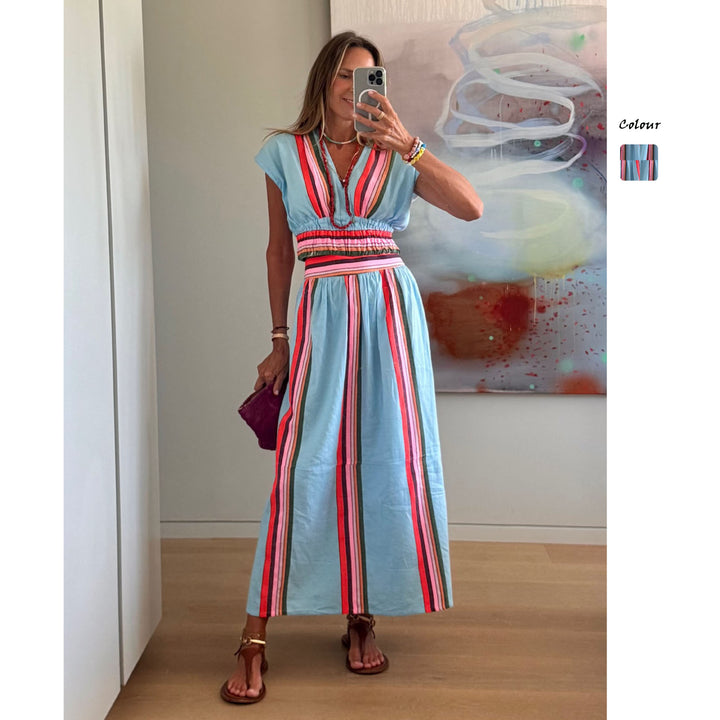 Damer Strand Maxi Klänning med Elastisk Midja och Färgglad Randig Mönster-Eva Jonsson
