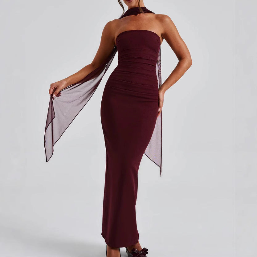 Damer Strapless Aftonklänning med raffinerad Omslagdesign och delikata Chiffonärmar Mirla-Eva Jonsson