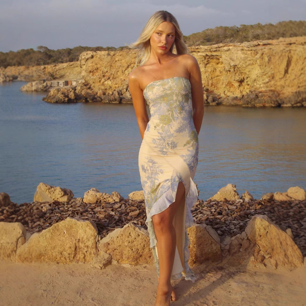 Damer Strapless Maxiklänning med blommig tryck och hög slits Mirla-Eva Jonsson