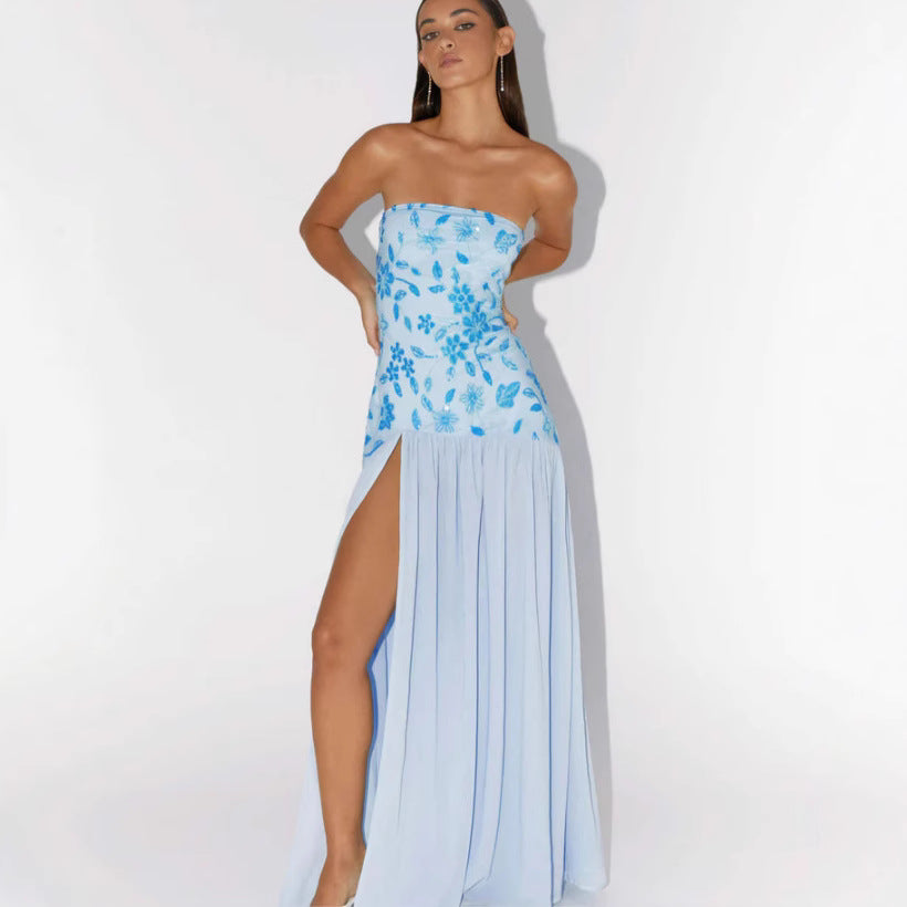 Damer Strapless Maxiklänning med blommiga broderier och voluminös kjol Eva Jonsson-Eva Jonsson