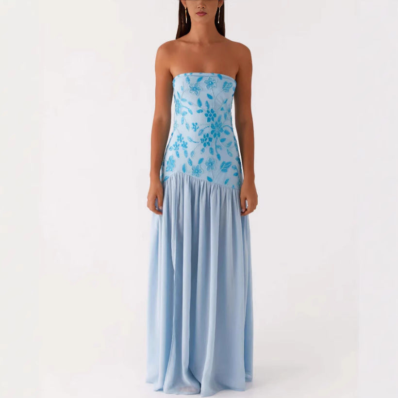 Damer Strapless Maxiklänning med blommiga broderier och voluminös kjol Eva Jonsson-Eva Jonsson