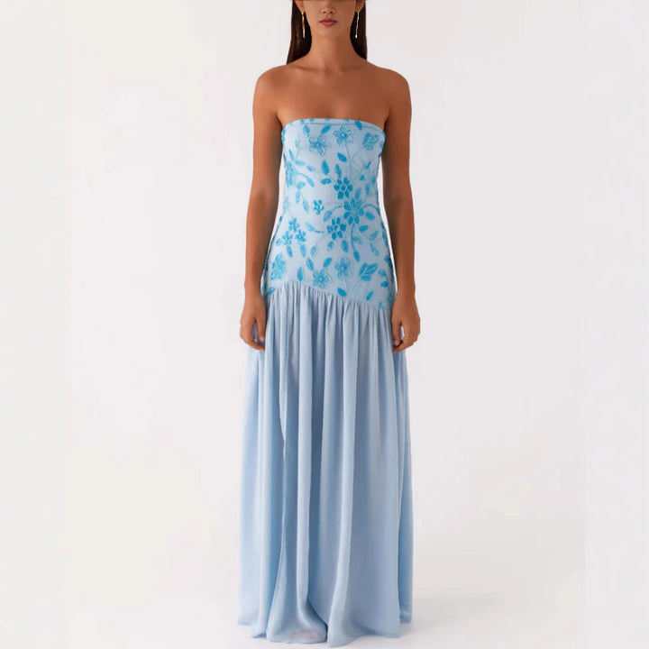 Damer Strapless Maxiklänning med blommiga broderier och voluminös kjol Eva Jonsson-Eva Jonsson