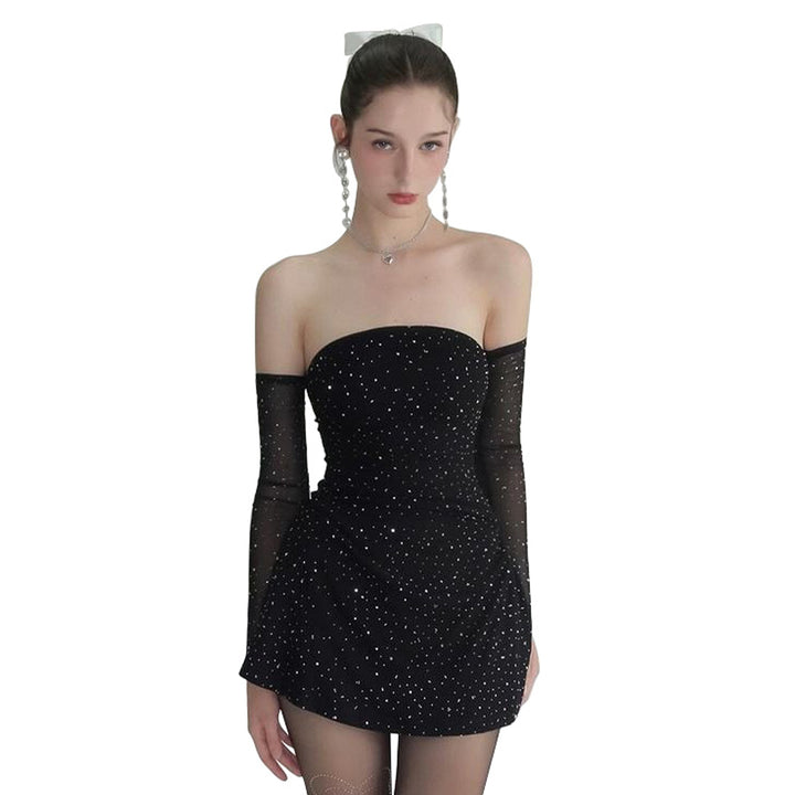 Damer Strapless Miniklänning med glittrande applikationer och transparenta ärmar Mirla-Eva Jonsson