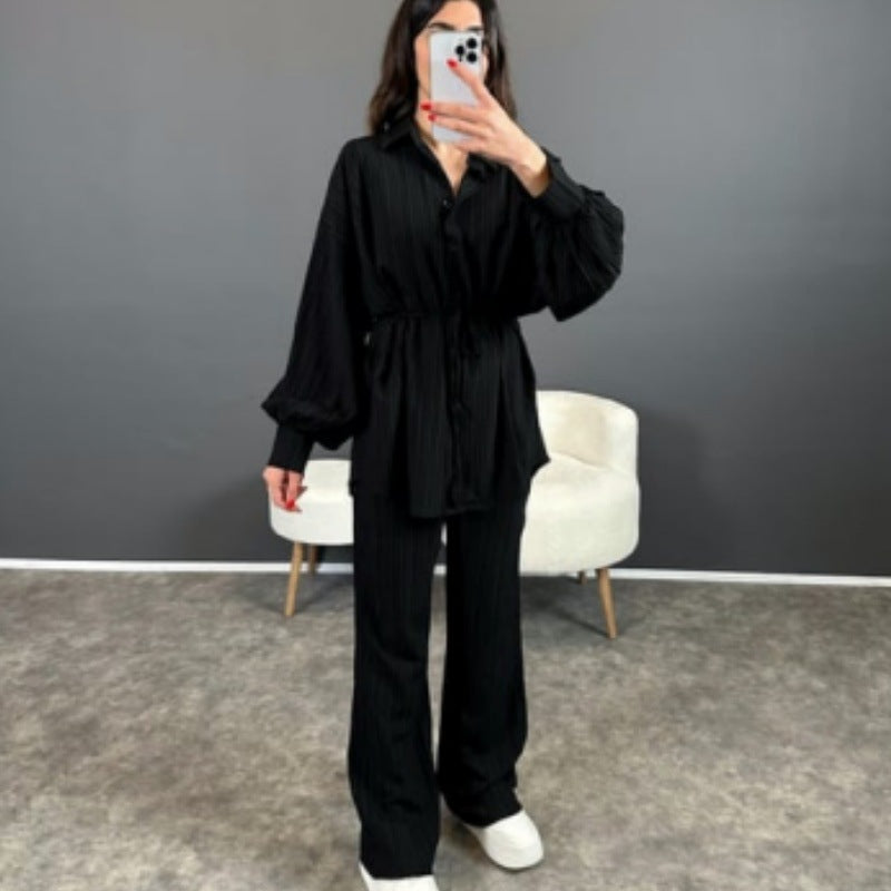 Damer Stylish randig skjorta med vida byxor Eva Jonsson-Eva Jonsson