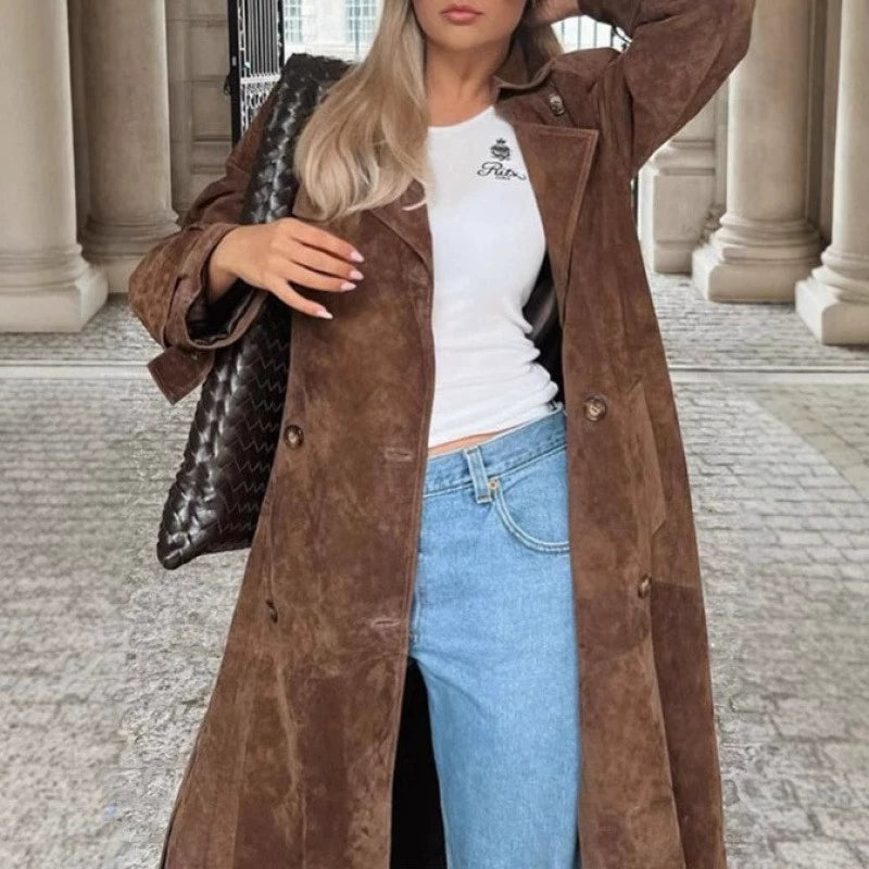 Damer Suede Trenchcoat med bälte och eleganta knapppdetaljer Eva Jonsson-Eva Jonsson