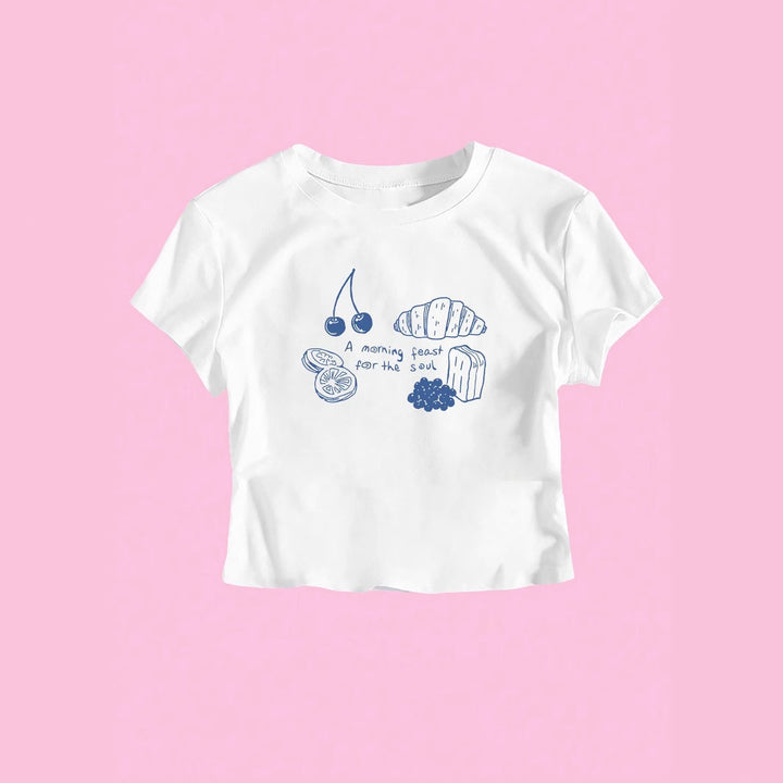 Damer T-shirt med kreativ frukostdesign Mirla-Eva Jonsson