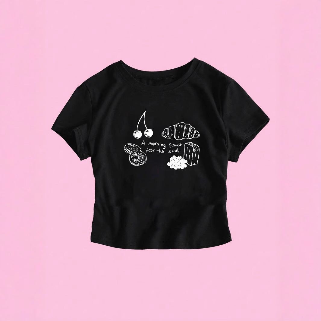 Damer T-shirt med kreativ frukostdesign Mirla-Eva Jonsson