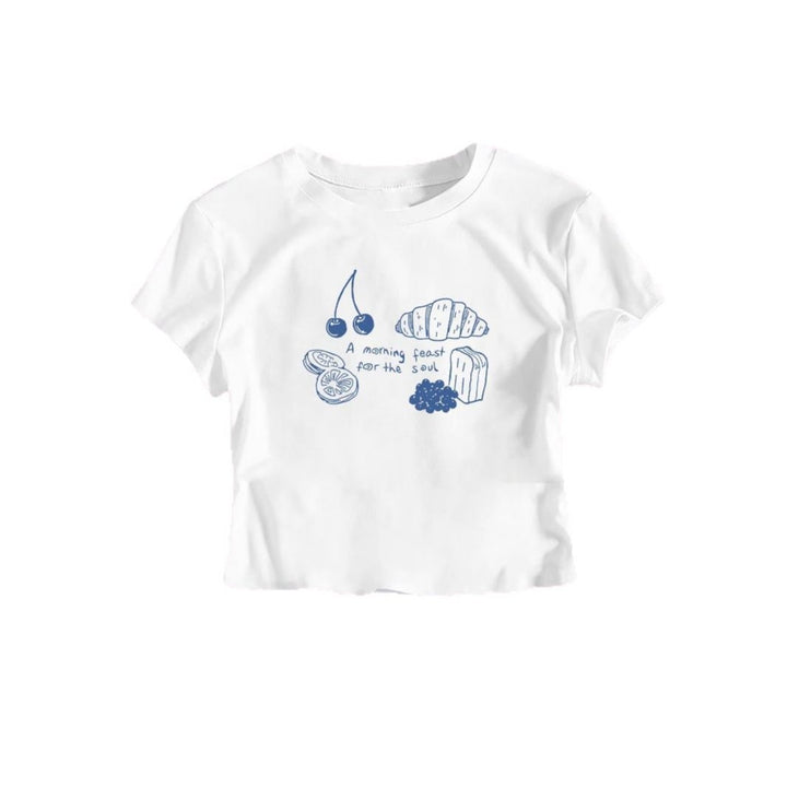 Damer T-shirt med kreativ frukostdesign Mirla-Eva Jonsson