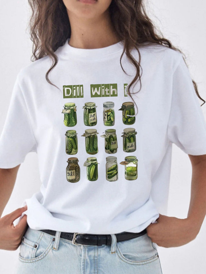 Damer T-shirt med kreativ grafisk tryck och lyxiga paljettaccentuer. Mirla-Eva Jonsson