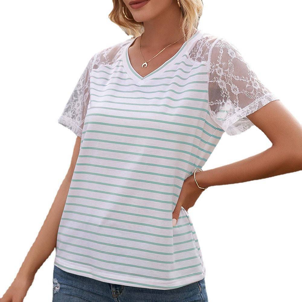 Damer T-shirt med spetsärmar och randig design Eva Jonsson-Eva Jonsson