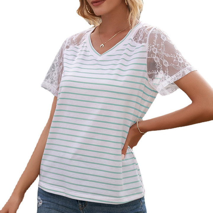 Damer T-shirt med spetsärmar och randig design Eva Jonsson-Eva Jonsson