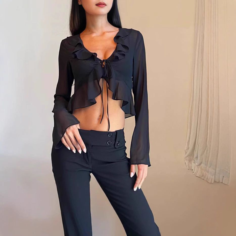 Damer Transparent Långärmad Blus med Volanger och Bindebälte Mirla-Eva Jonsson