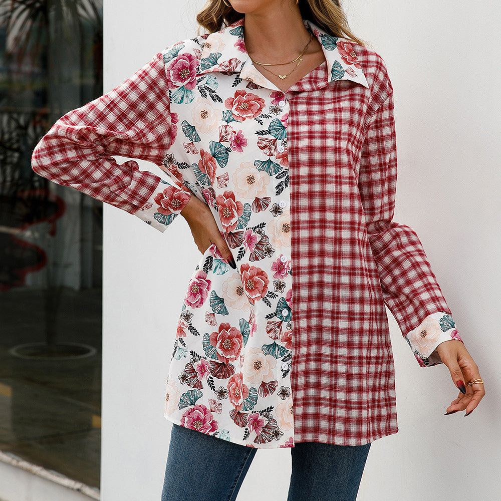 Damer Trendig Rutblus med Blommig Patchwork-Design Eva Jonsson-Eva Jonsson